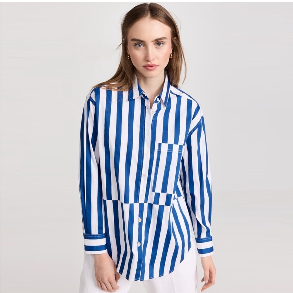 AYR Women's Blue and White Striped Button Down Shirt